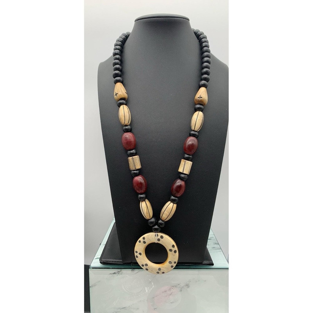 Vintage Handmade Boho Wooden Beaded Necklace With Round Pendant 22"
